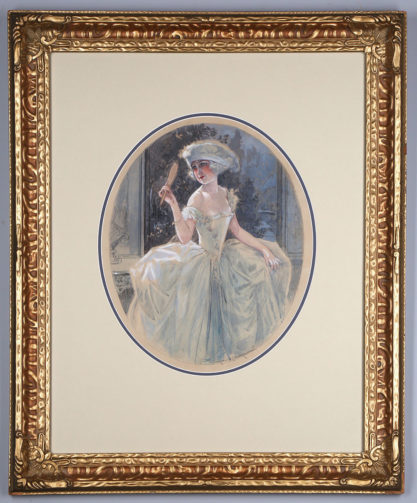 Framed and matted behind glass in an ornate antique gesso gold frame