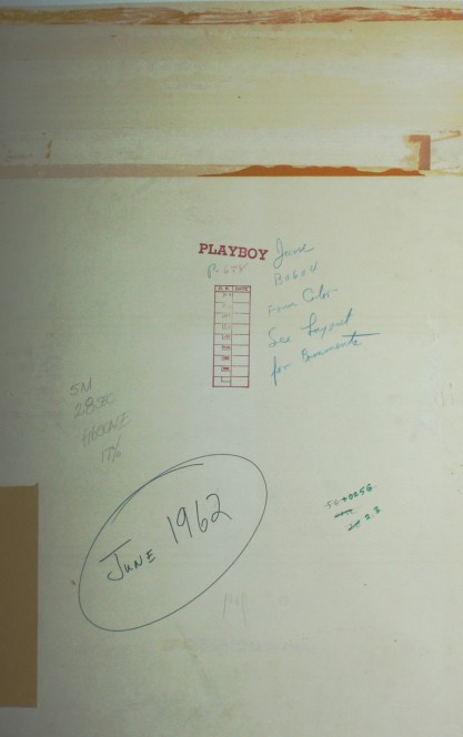 Verso view of illustration with Playboy Magazine inventory stamp and hand written usage specification