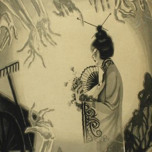 a traditionally dressed Chinese maiden surrounded by ghostly hands with pointed fingers
